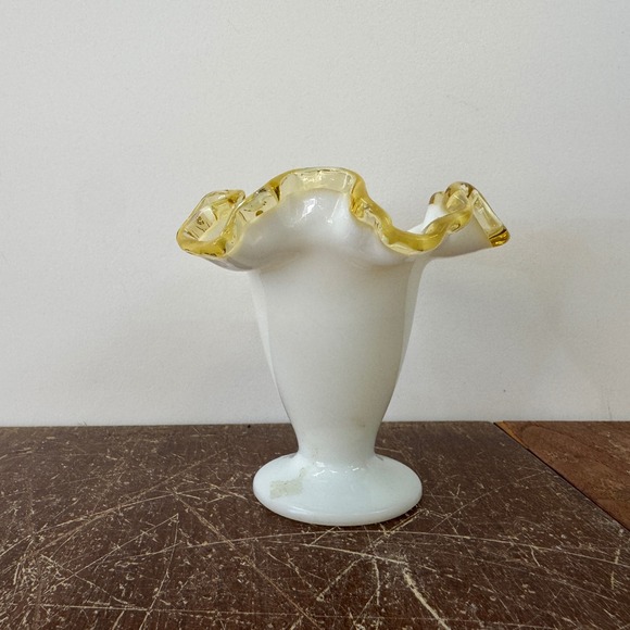 Fenton Yellow Crest Art Glass Vase Ruffled Top Pedestal Base Milk Glass - Picture 2 of 7